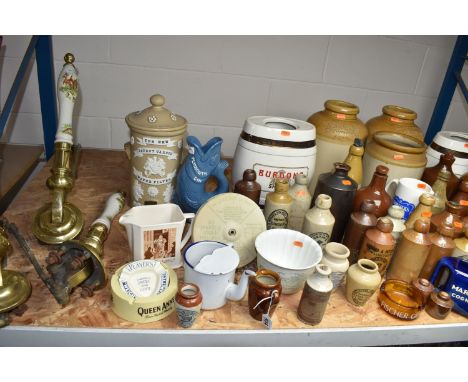 A GROUP OF ADVERTISING, STONEWARE BOTTLES AND BREWERIANA, to include three beer pump handles decorated with hunting scenes, a