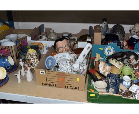 FIVE BOXES AND LOOSE MISCELLANEOUS CERAMICS, to include Dartmouth Pottery tableware in a blue and white polka dot design, Syl