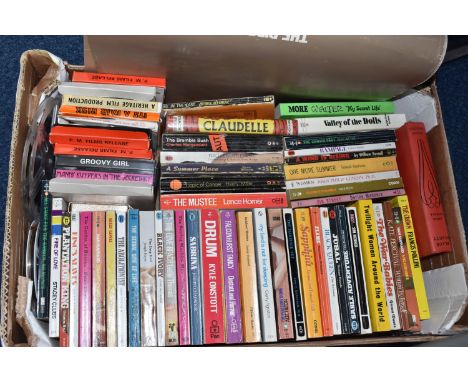 ONE BOX OF ADULT FICTION BOOKS AND FILM REELS, approximately forty - five mostly mid 20th century paperback books and ten fil