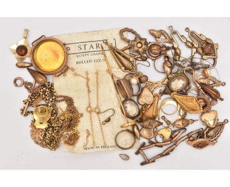 A BAG OF ASSORTED GOLD PLATED JEWELLERY PIECES, to include three 9ct gold front and back heart locket pendants, a rolled gold