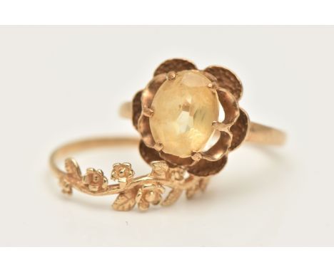 TWO 9CT GOLD RINGS, the first set with a circular cut Citrine, six claw set within a scalloped surround, to the polished band
