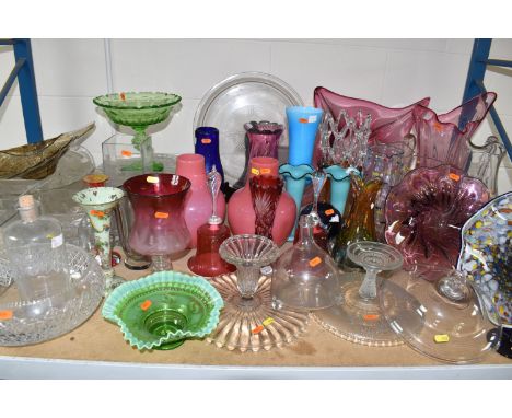 A QUANTITY OF GLASS WARES, to include a Wedgwood amethyst Brancaster candlestick (unmarked), height 28.5cm, a uranium glass c