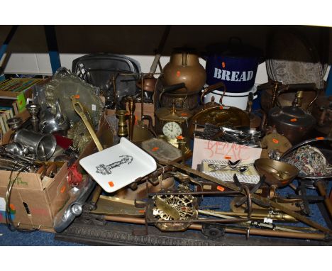 THREE BOXES AND LOOSE METALWARE, to include a set of butcher's scales with removable ceramic slab, enamel bread bins, a large