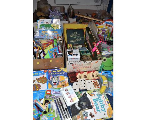 FIVE BOXES AND LOOSE STATIONERY, TOYS AND SUNDRY ITEMS, to include toys, notepads, colouring/puzzle books and pencils etc, su