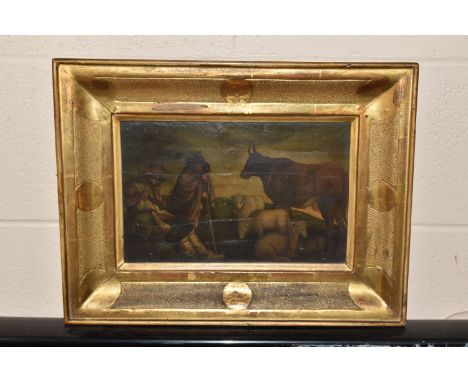 EUROPEAN SCHOOL, HERDERS AT REST, 18th century oil on wood panel, a seated male figure playing a flute and a standing male fi