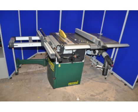 A RECORD POWER TSPP250 TABLE SAW, with cast iron bed, sliding arm, parallel guide, etc bed depth 80cm, bed width with extensi