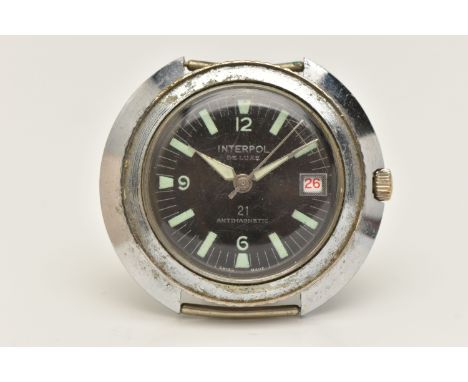 AN INTERPOL DE LUXE WATCH HEAD, the dark circular face with luminous baton markers and hands, a date dial at 3 o'clock, face 