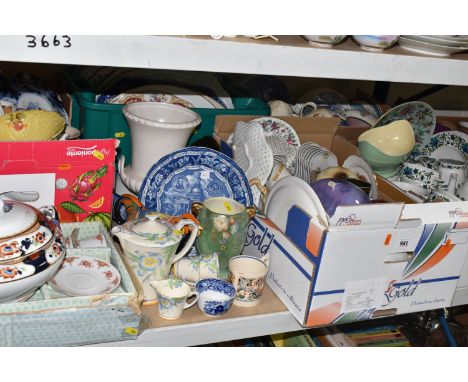 FIVE BOXES AND LOOSE CERAMICS, to include a Dame Laura Knight 1937 coronation mug, a Keeling &amp; Co Losol Ware Rosslyn ture