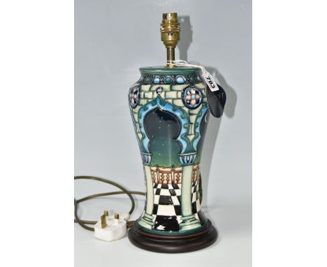 A MOORCROFT POTTERY 'JUMEIRAH' PATTERN TABLE LAMP, of baluster form, tube lined in the Arabesque 'Jumeirah pattern  designed 