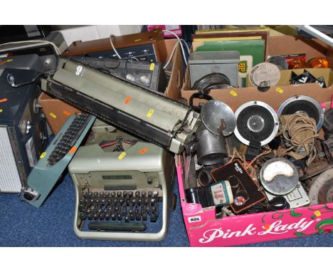 THREE BOXES AND LOOSE VINTAGE ELECTRICAL ITEMS AND SUNDRIES, to include antique bicycle lamps, radio head set, etc. car speak