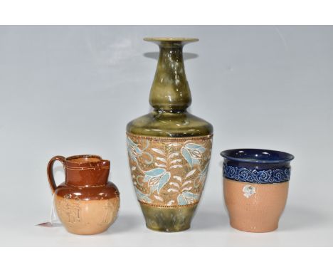 THREE PIECES OF DOULTON/ROYAL DOULTON STONEWARE, comprising a Royal Doulton Slater's Patent green glazed vase, height 27cm, a