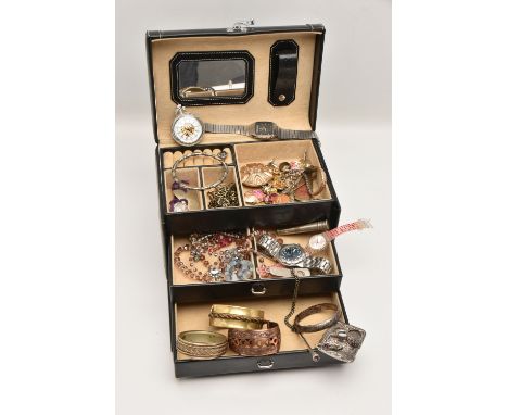 A BLACK JEWELLERY BOX AND JEWELLERY, to include a silver cherub embossed detailed bible book cover, hallmarked Birmingham, a 