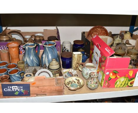 FOUR BOXES AND LOOSE STONEWARE, STUDIO POTTERY AND SUNDRY ITEMS, to include three pieces of Glyn Colledge for Denby: a jug, a