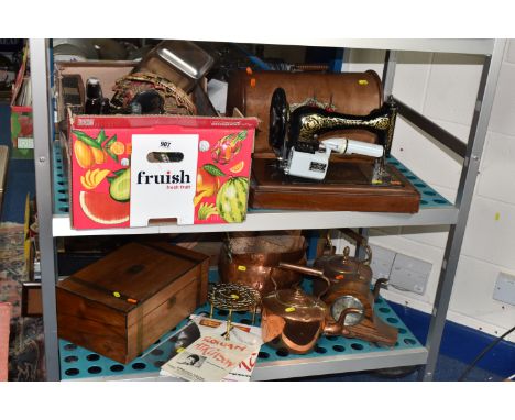 A BOX AND LOOSE METALWARE, SEWING MACHINE AND SUNDRY ITEMS, to include a copper helmet form coal scuttle, two copper kettles,