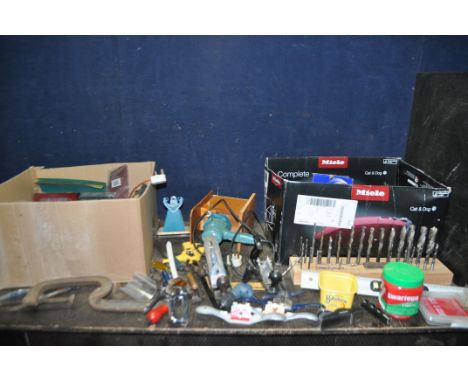TWO TRAYS CONTAINING TOOLS, including drill bits, three Record G Clamps, two sets of router bits, two vintage Black and Decke
