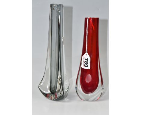 TWO WHITEFRIARS VASES, comprising a ruby Teardrop vase, pattern 9571, height 20cm, and a willow Tricorn vase pattern 9570, he