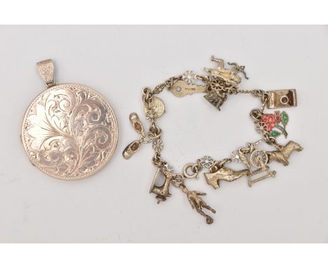 A SILVER CIRCULAR LOCKET PENDANT AND A CHARM BRACELET, the circular locket with foliate pattern, fitted with a tapered bail, 
