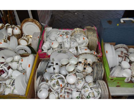 FIVE BOXES AND LOOSE TEA AND DINNER WARES, to include a thirty three piece Johnson Bros Snowhite 'Orange and Green Fruit' din