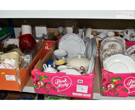 FIVE BOXES AND LOOSE CERAMICS, GLASS AND SUNDRY ITEMS, to include two Wedgwood Windsor covered tureens, vintage Hornsea and D