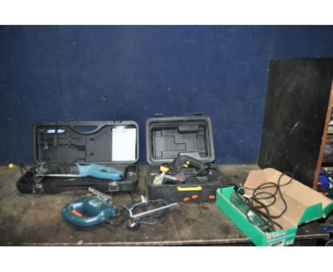 A COLLECTION OF POWER TOOLS, including a McKeller power planer in case, an Erbauer reciprocating saw in case, a Black and Dec