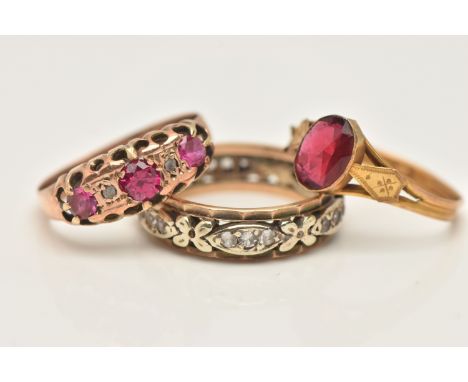 THREE RINGS, the first a 9ct yellow and white gold full spinel set eternity band, hallmarked 9ct Birmingham, ring size L, a 9