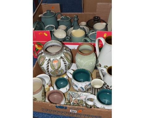 TWO BOXES OF DENBY DINNER WARES, ETC, to include a quantity of Manor Green dinner wares, several Glyn Colledge items includin