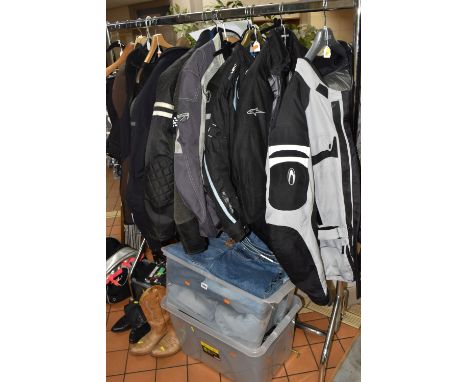 A COLLECTION OF MOTORCYCLE JACKETS AND CLOTHING, to include motorcycle trousers, alpinestars size 2XL, camouflage gear Waist 
