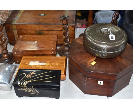 A GROUP OF DECORATIVE BOXES AND A WRITING SLOPE, to include a wood veneer and brass inlay writing slope with a brass escutche