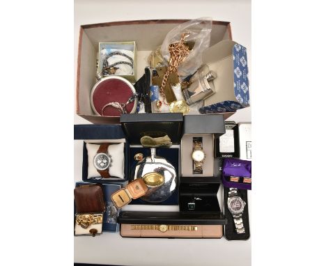 A BOX OF ASSORTED ITEMS, to include boxed 'Dalvey' hipflask, a boxed pewter hipflask, a gents boxed 'Rotary' wristwatch, a ge