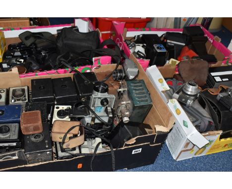 FOUR BOXES OF PHOTOGRAPHIC AND SUNDRY ITEMS, to include a Werra Mat camera with a Carl Zeiss Jena Tessar f2.8 50mm lens, a Pr