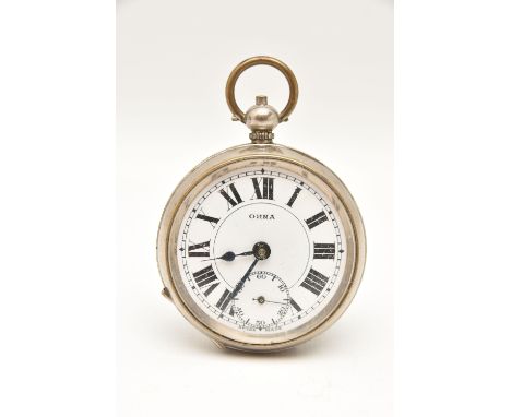 A WHITE METAL 'ORNA' OPEN FACE POCKET WATCH, key wound, round white Roman numeral dial signed 'Orna', blue steel hands, subsi