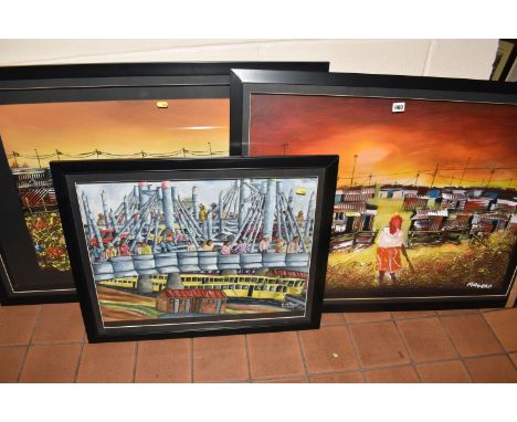 THREE CONTEMPORARY AFRICAN MIXED MEDIA PICTURES, comprising two pictures in the Kibera style, both depicting a female figure 