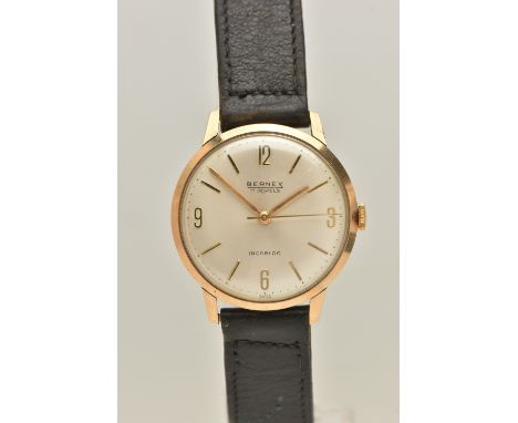 A GENTS 9CT 'BERNEX' WRISTWATCH, manual wind, round silvered dial signed 'Bernex 17 Jewels', Arabic numeral twelve, three, si