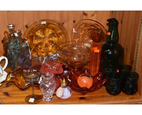 A COLLECTION OF STUDIO GLASS to include four green Blenko dimpled tumblers, a green Empoli dimpled jug, two Spanish applied g