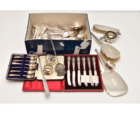 A BOX OF SILVER AND WHITE METAL WARE, to include four silver engine turned pattern napkin rings, hallmarked, approximate gros