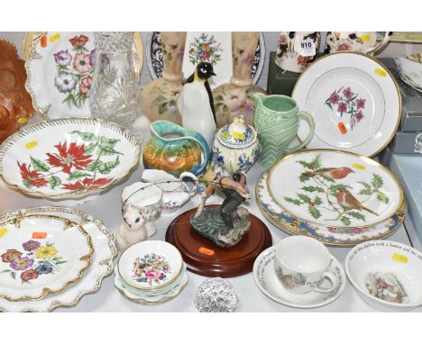 A GROUP OF DECORATIVE CERAMICS AND GLASS, comprising a pair of ivory glass vases with hand painted flower design, height 29cm