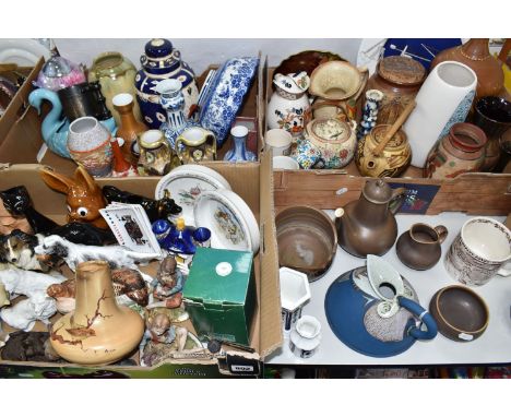 THREE BOXES AND LOOSE CERAMICS to include a group of studio pottery items comprising a coffee pot, sugar bowl, milk, vases, b