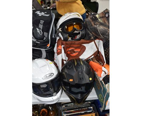TWO BOXES AND LOOSE MOTOR CROSS RELATED ITEMS, to include three helmets a HJC RPHA MAX EVO, pearl white, size M 58, Stealth H