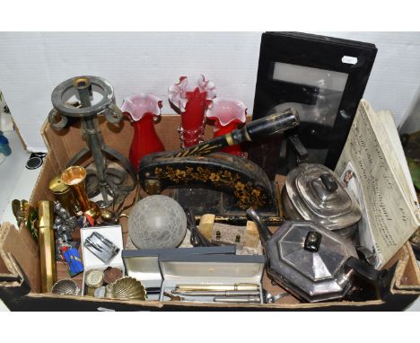 A BOX OF SUNDRY ITEMS, to include an Art Deco marble based table lamp with spherical shade, a large desk embosser, an indentu