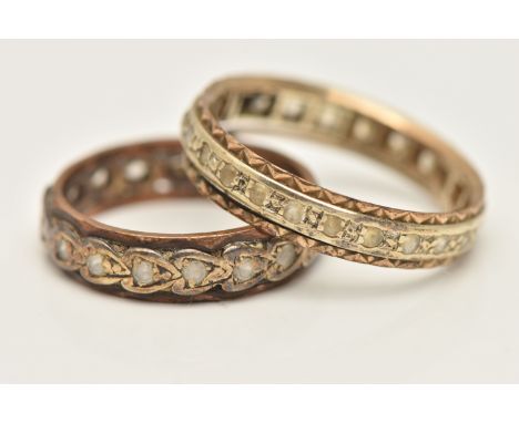 TWO FULL ETERNITY RINGS, both set with colourless spinels, one stamped 9.375, ring size leading edge N, the second stamped 9c
