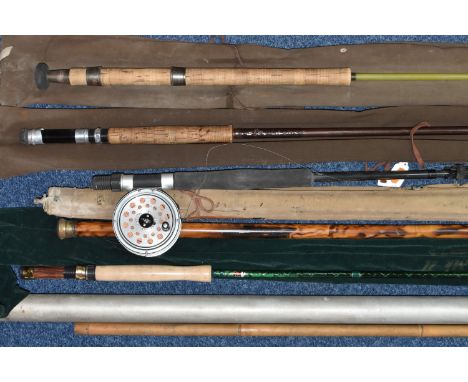 A BUNDLE OF FISHING RODS comprising a Pitsfird Mk II two section fly rod, a telescopic fly rod fitted with a Shakespeare 2531