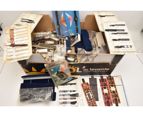 A BOX OF ASSORTED QUARTZ WRISTWATCHES, WATCH STRAPS AND BRACELETS ETC, a large quantity of assorted watch straps and bracelet