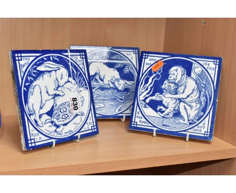 THREE NINETEENTH CENTURY MINTON 'AESOP'S FABLES' TILES designed by John Moyr Smith, in blue and white, depicting 'The Hare an