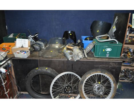 A SELECTION OF MOTORCYCLE PARTS, including BMW 1851-8530582 exhaust, a R1150GS tree, two screens, a 313559 grip rail, a B0172