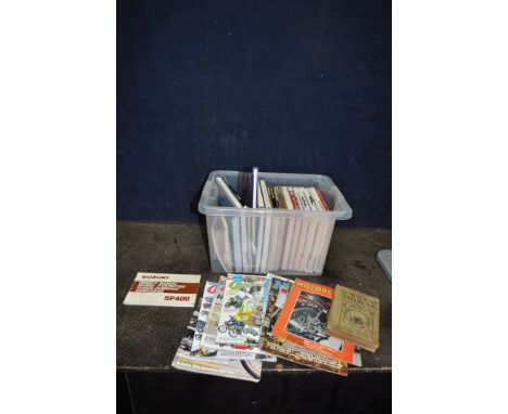 A TRAY CONTAINING HAYNES MANUALS AND MOTORCYCLE BOOKS Hyanes subjects including VW Scirocco, Ford Capri, Triumph Bonnevile an