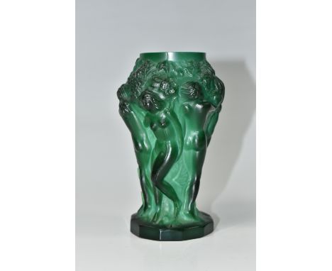 A HOFFMAN &amp; SCHLEVOGT 'INGRID' SERIES MALACHITE GLASS VASE, moulded with dancing maidens harvesting grapes, height 12cm (