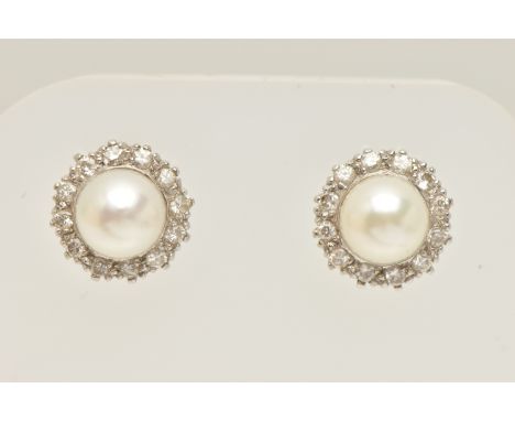 A PAIR OF 18CT GOLD PEARL AND DIAMOND EARRINGS, cultured white pearls with yellow and pink undertones, approximate pearl widt