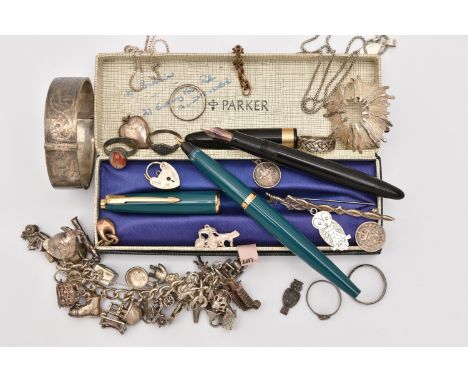ASSORTED SILVER AND WHITE METAL ITEMS AND TWO PENS, to include a silver Celtic pattern brooch, hallmarked Birmingham, approxi