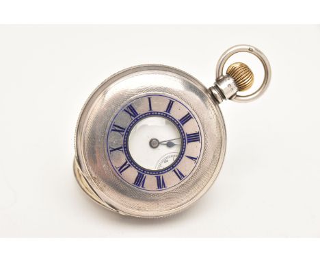 A LATE VICTORIAN SILVER HALF HUNTER POCKET WATCH, manual wind, round white Roman numeral dial, blue steel hands, subsidiary d