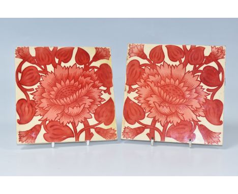 TWO ARTS AND CRAFTS TILES BY MAW &amp; CO, decorated with red stylised flowers, lustre glaze, moulded marks verso 'Maw &amp; 
